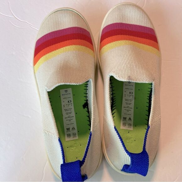 Rothy's Pink Candy Stripe white rainbow slip on sneaker shoes flats round kids 3 - Picture 4 of 12